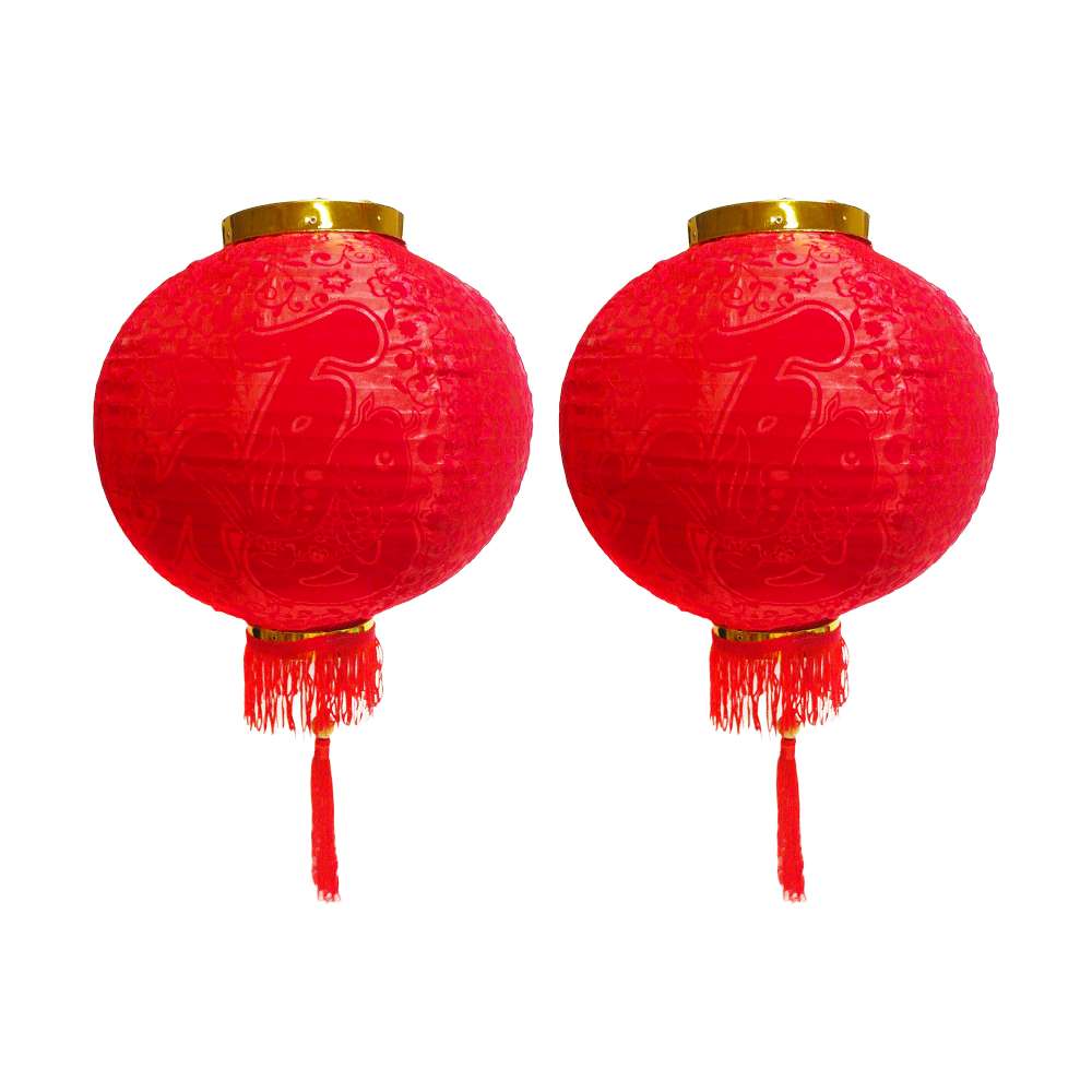 摩達客◉農曆春節元宵◉24吋植絨魚福紅燈籠(一組兩入)+LED50燈插電式燈串暖白光(附IC控制器), , large