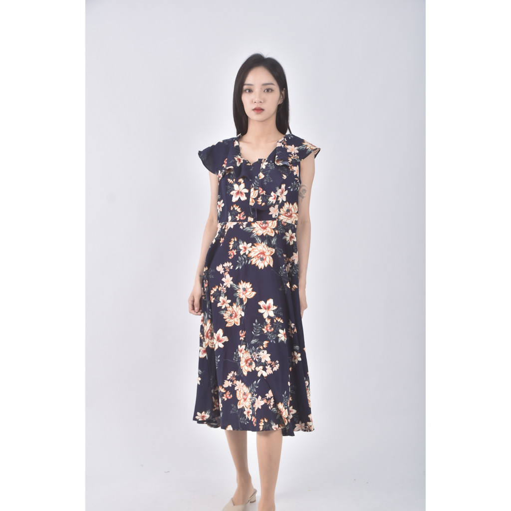 (S) 質感花紋藍色洋裝二手衣