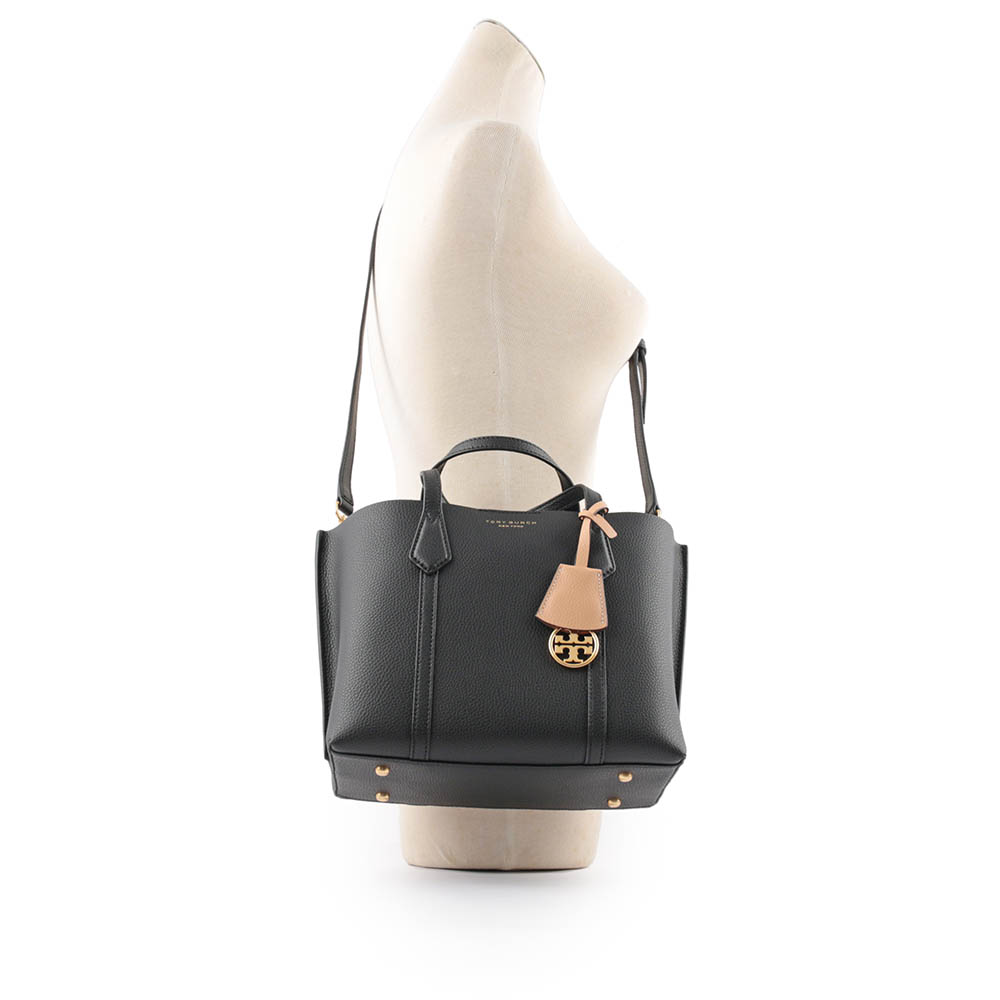 Tory Burch Perry 荔枝皮革三層小托特包/黑色, , large