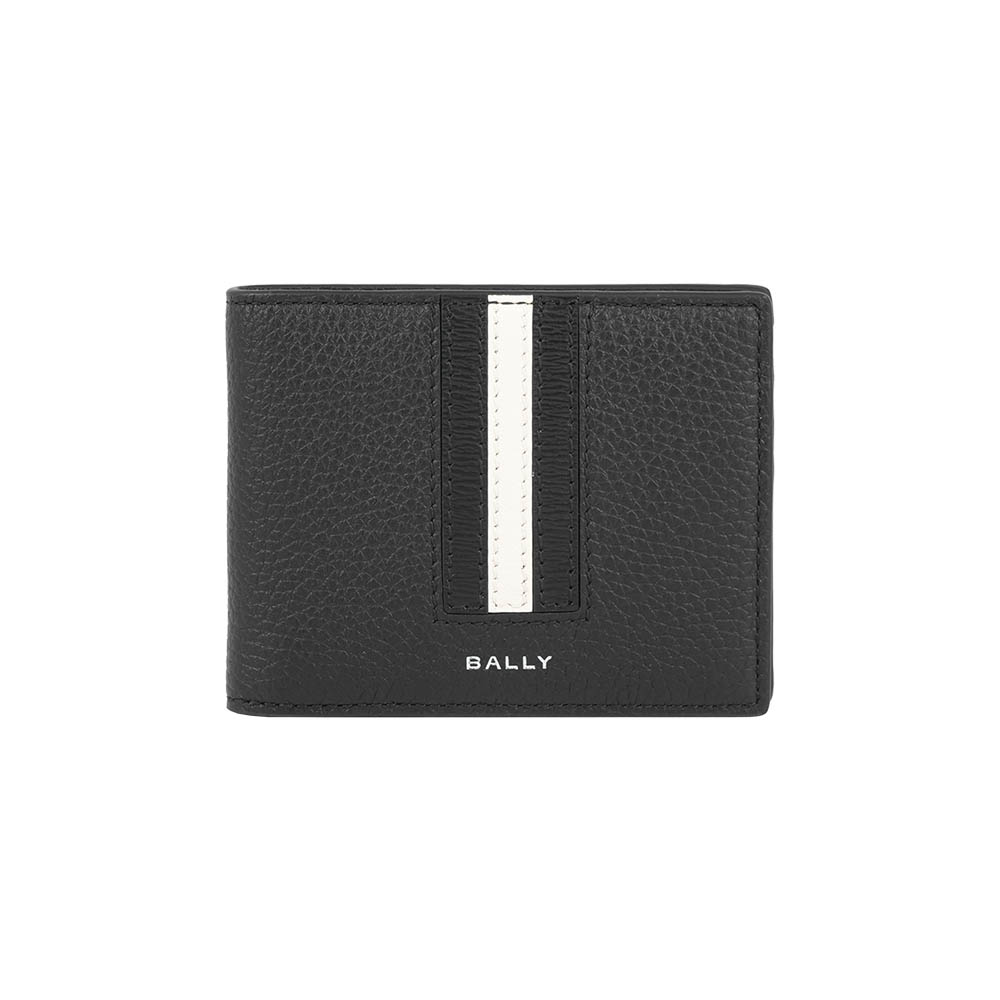 BALLY Ribbon 黑白條紋牛皮6卡對開短夾(黑色), , large