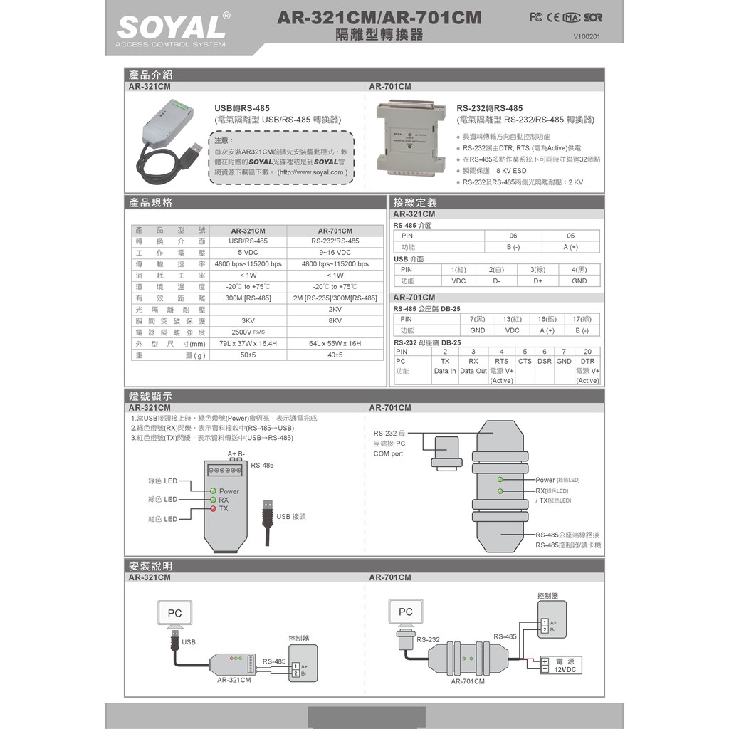 昌運監視器 門禁 監視器 攝影機 SOYAL AR-321CM 隔離型USB/RS-485轉換器, , large