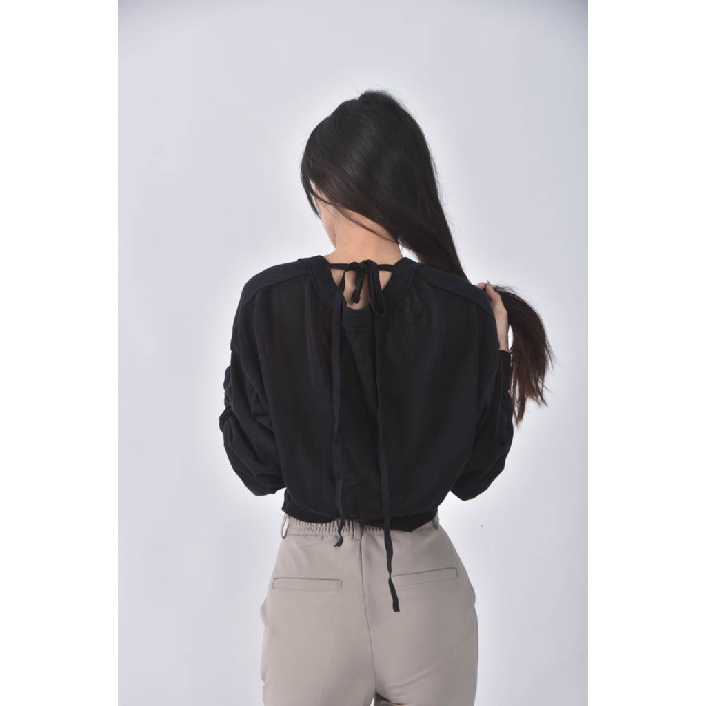 (M) 綁帶 、落肩黑色長袖上衣二手衣, , large