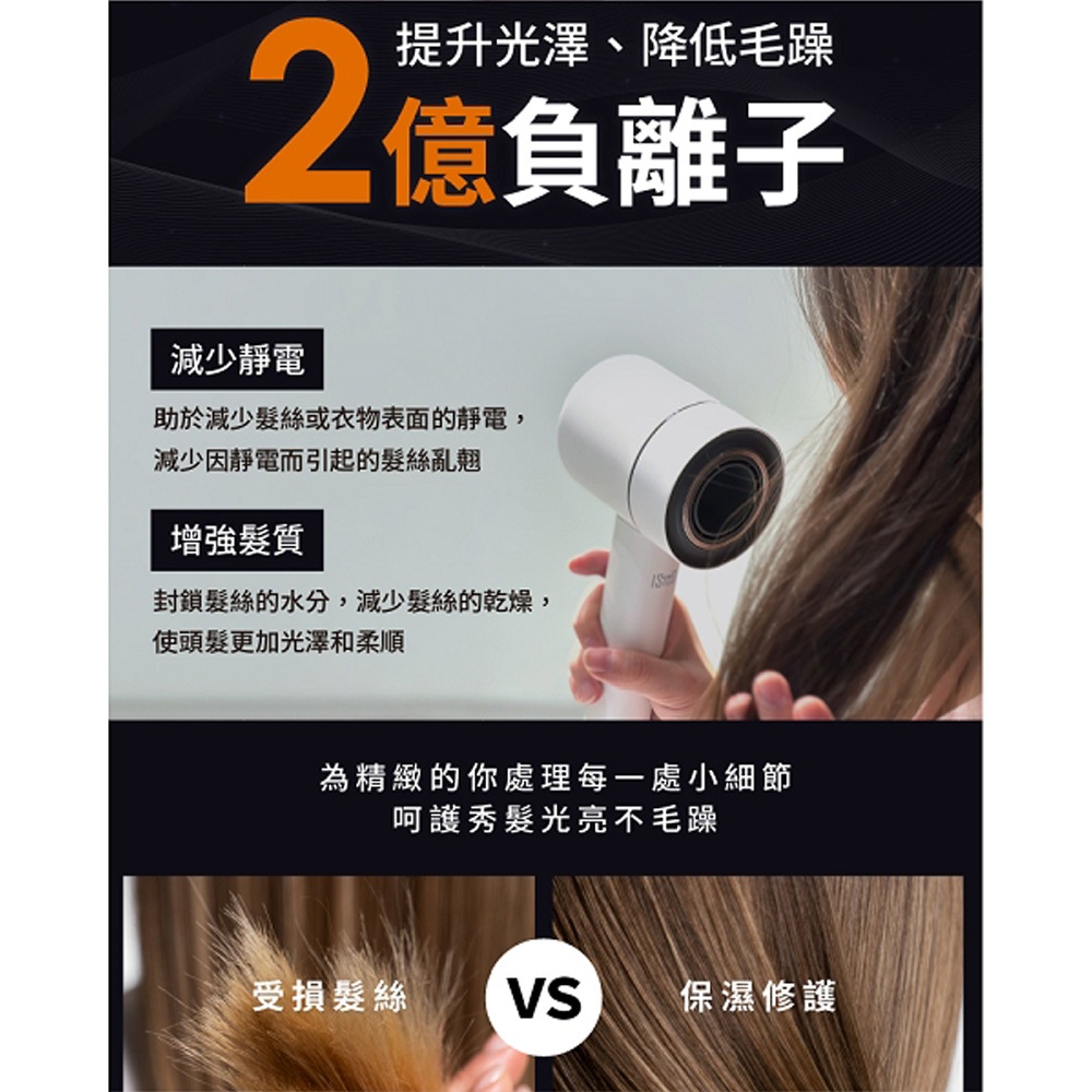 ISITO 高速負離子吹風機 三段風速 四種溫度 長按冷風 500g 輕量 磁吸吹嘴 IS-23E09D, , large