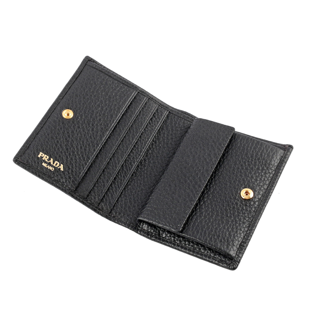 PRADA 浮雕Logo荔枝皮革二折短夾/黑色, , large