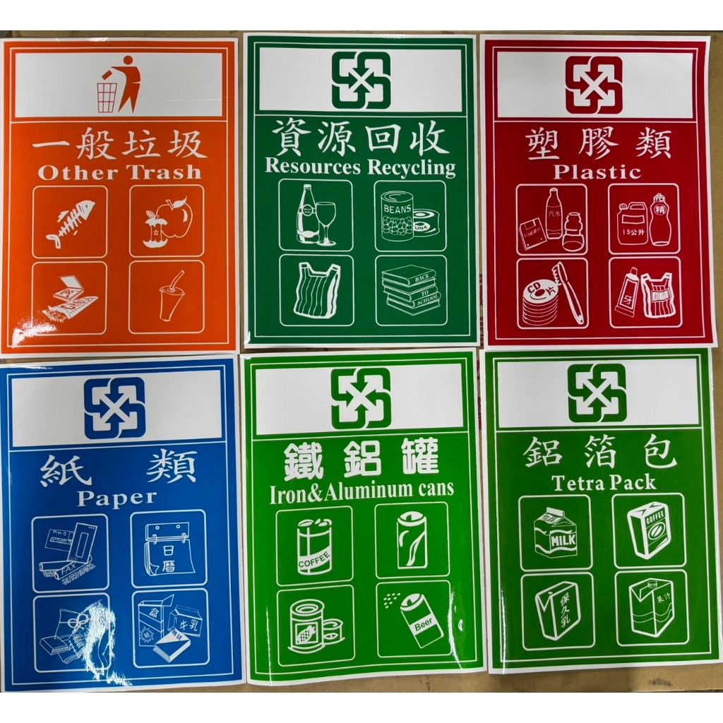 單張 台灣製 六分類貼紙 分類垃圾桶專用 資源回收 紙類 一般垃圾 塑膠 鐵鋁罐 玻璃 回收桶 垃圾桶二分類回收箱 名, , large