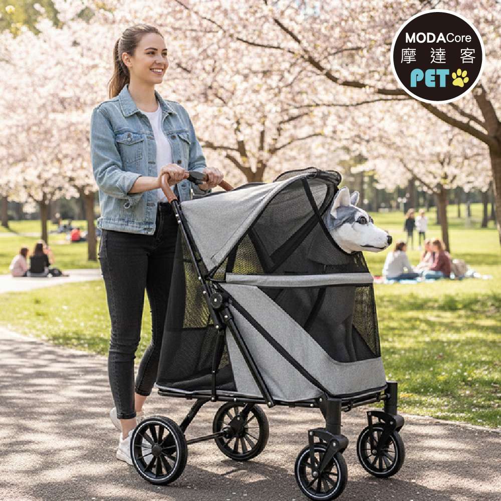 摩達客-高齡照護型貓狗適用GV01前後雙門大空間可折疊低底盤寵物推車/灰色款/55KG以下猫狗適用, , large