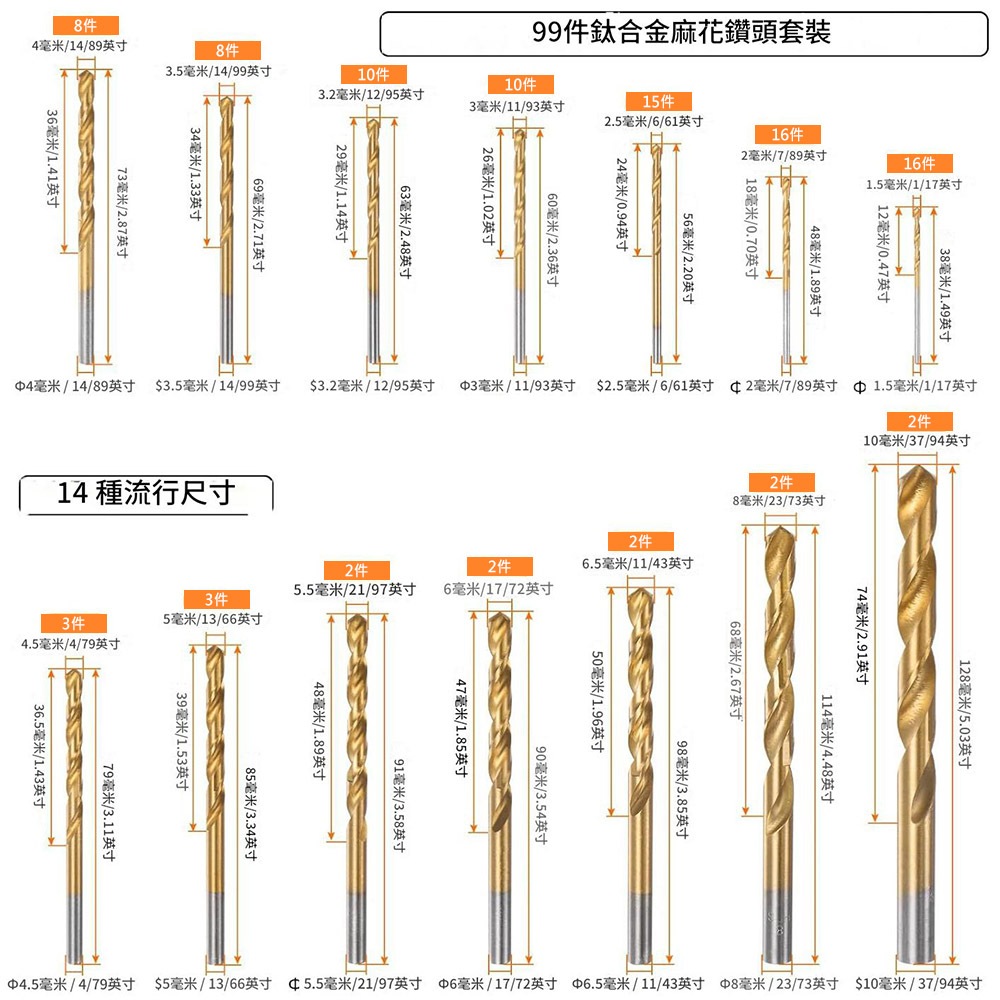 Twist drill bit set, 99 pieces, plastic box packaging (titanium-plated high-speed steel), , large
