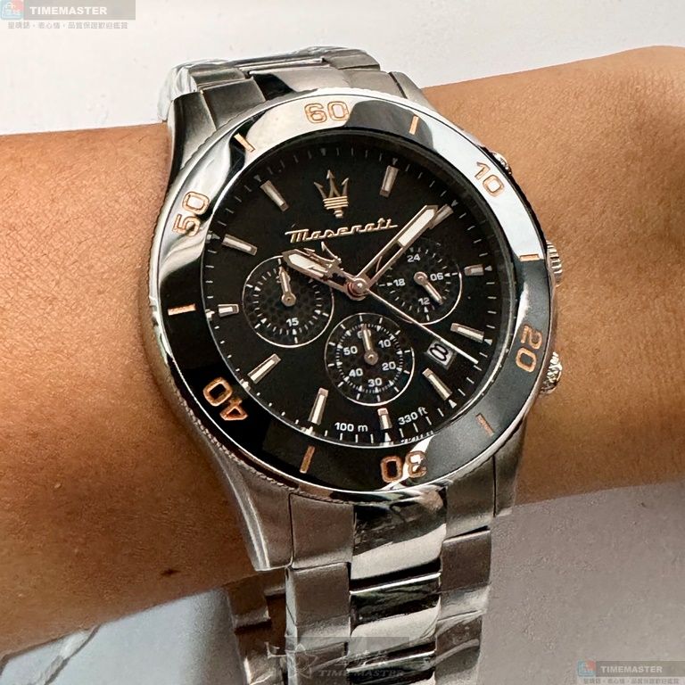 [星晴錶業]MASERATI手錶,44mm,R8873600003黑色錶面黑錶殼銀色精鋼錶帶款, , large