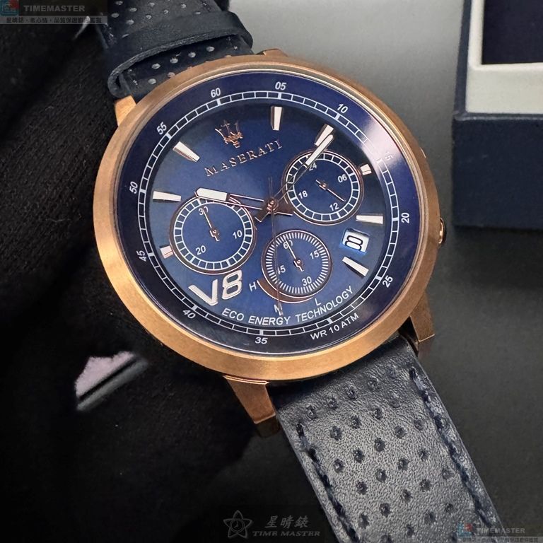 [星晴錶業]MASERATI手錶,44mm,R8871134003寶藍色錶面玫瑰金錶殼寶藍真皮皮革錶帶款, , large