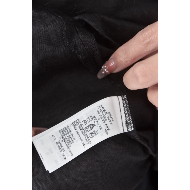 (F) 質感亞麻純亞麻黑色短袖上衣二手衣, , large