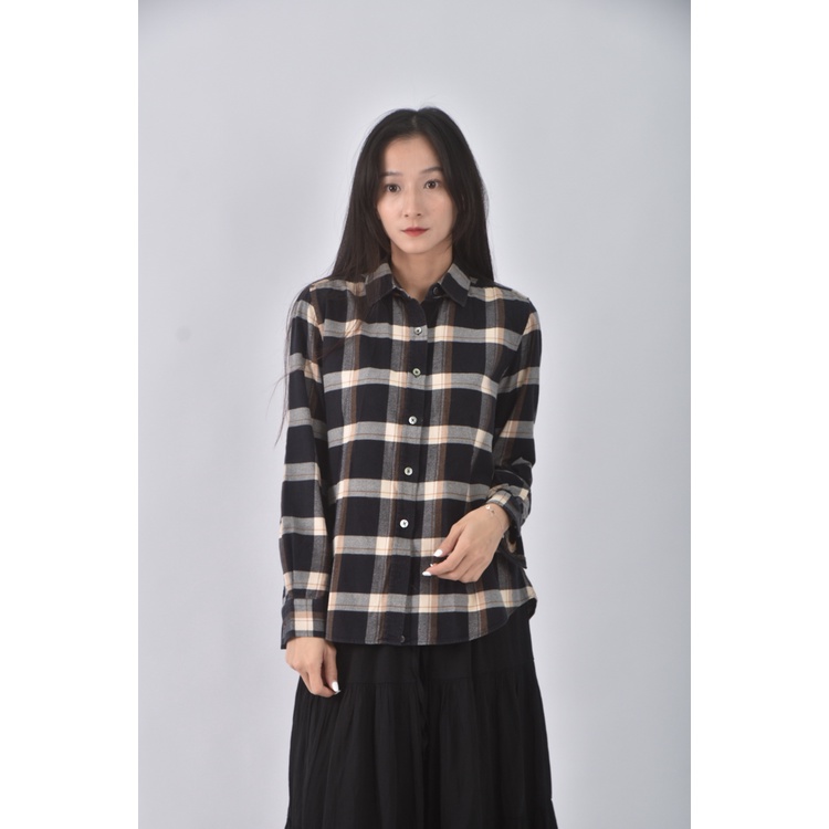 (S) icb質感格紋黑色長袖上衣二手衣, , large