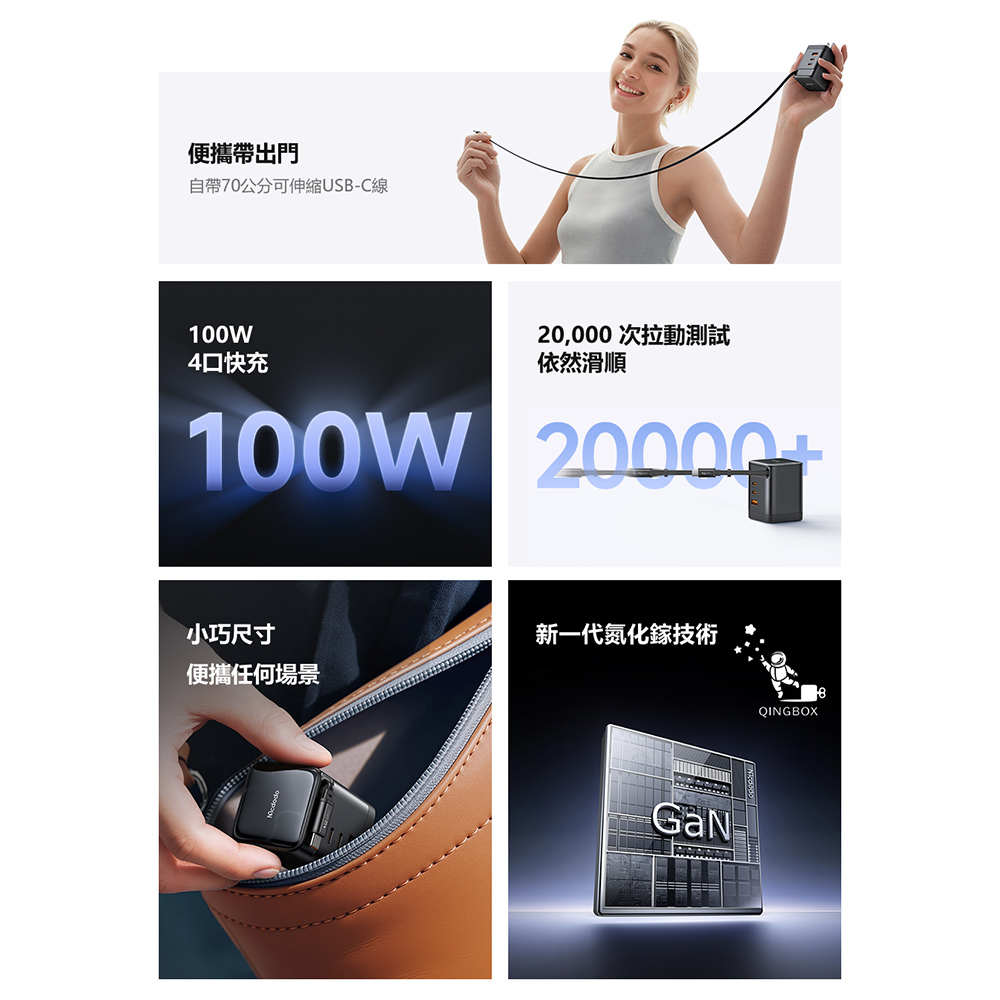 Mcdodo麥多多 LQ CH848 FreeGo系列100W USB-C自帶伸縮線GaN快充充電器 3C1A 美規, , large