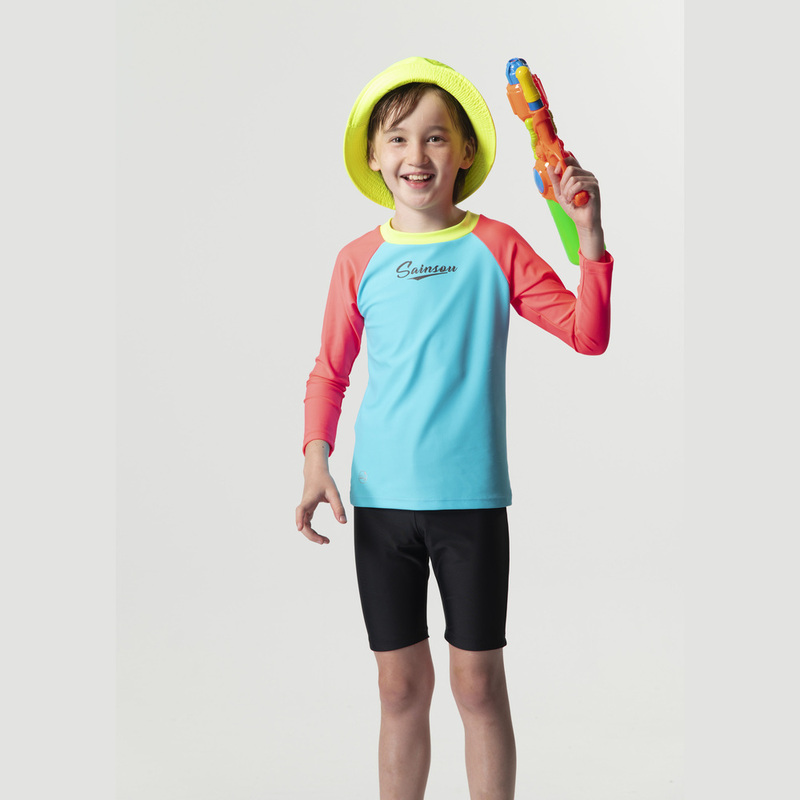 台灣製 長袖抗UV二件式 極光撞色泳裝 男女童皆適穿, , large