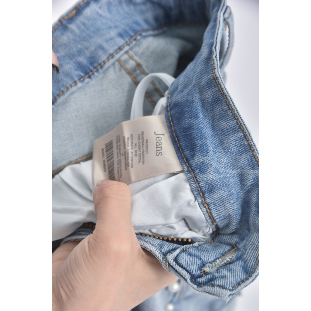 (S) jeans高腰丹寧牛仔質感棉質珍珠藍色長褲二手衣, , large