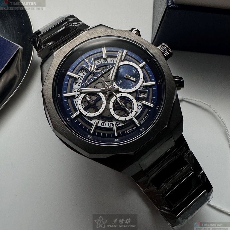 [星晴錶業]MASERATI手錶,46mm,R8873642012寶藍機械鏤空錶面黑錶殼深黑色精鋼錶帶款, , large