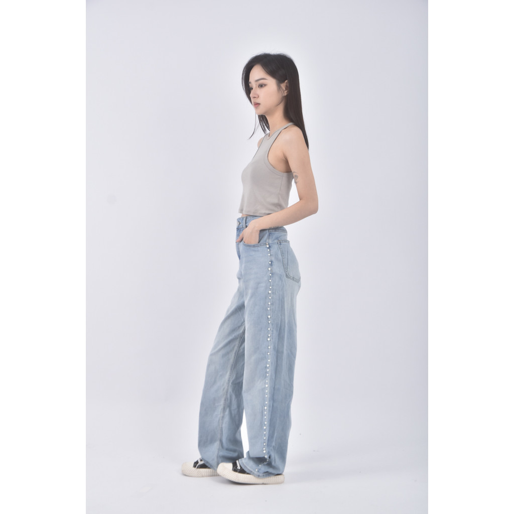 (S) jeans高腰丹寧牛仔質感棉質珍珠藍色長褲二手衣, , large