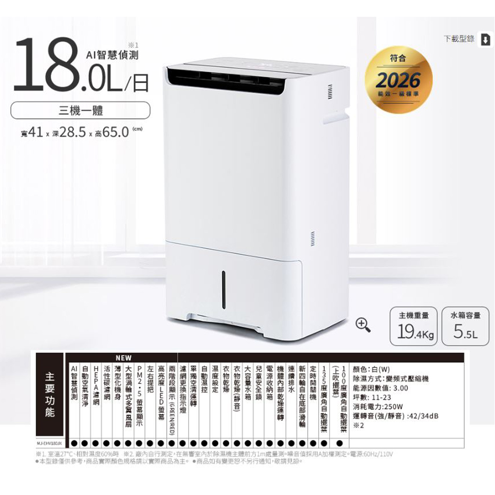 MITSUBISHI Inverter Air Purifier and Dehumidifier MJ-EHV180JX-TW, , large