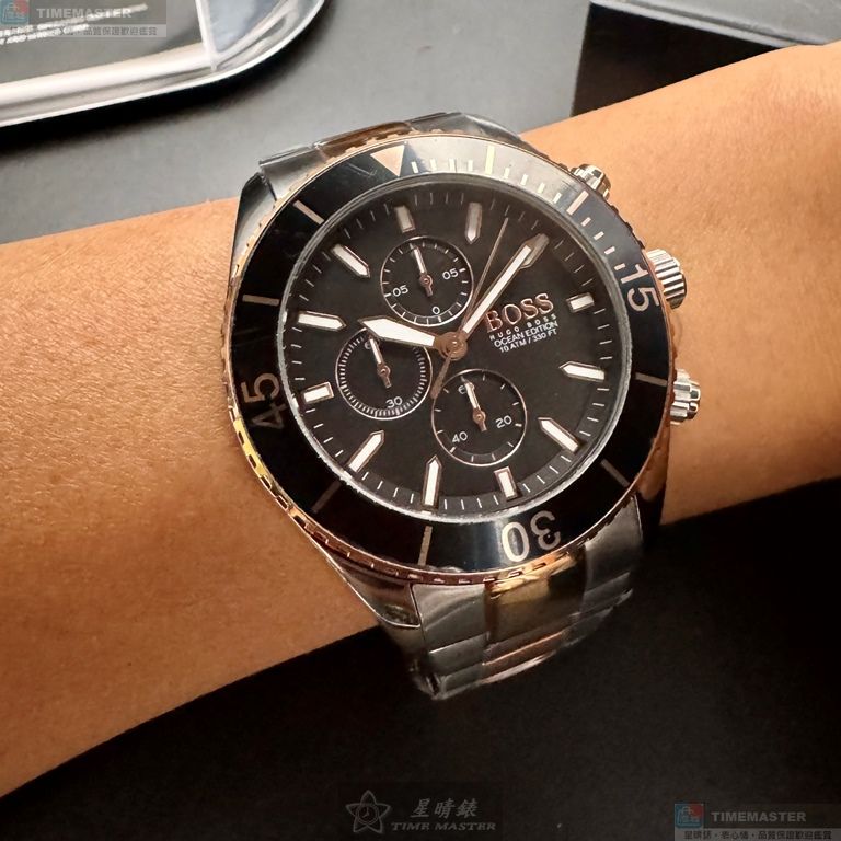 [星晴錶業]BOSS手錶,46mm,HB1513705黑色錶面黑錶殼金銀相間精鋼錶帶款, , large