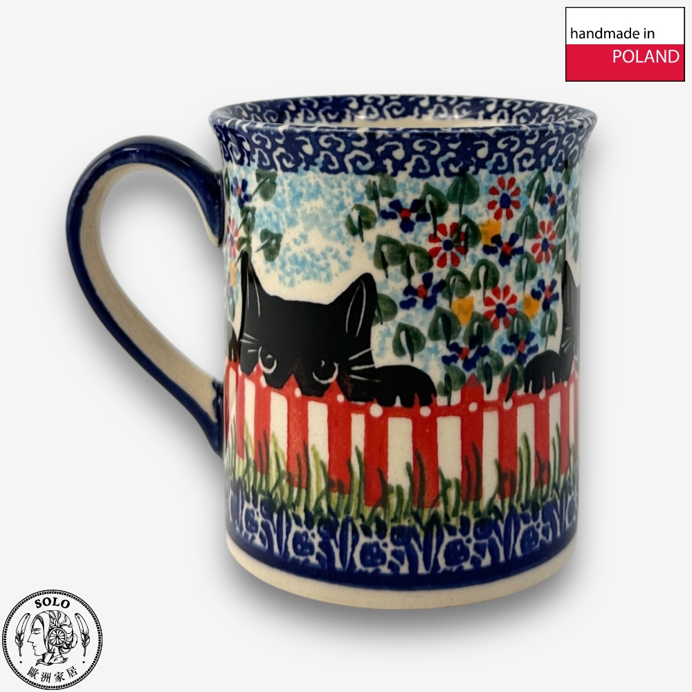 【SOLO Vintage】Cerraf Polish Pottery 280ml Mug Black Cat Garden Series Made in Poland, , large