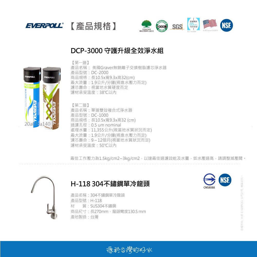 【麗水生活】愛科濾淨 EVERPOLL 雙道全效過濾器 DC-1000F DC-2000F(DCP-3000)公司貨, , large