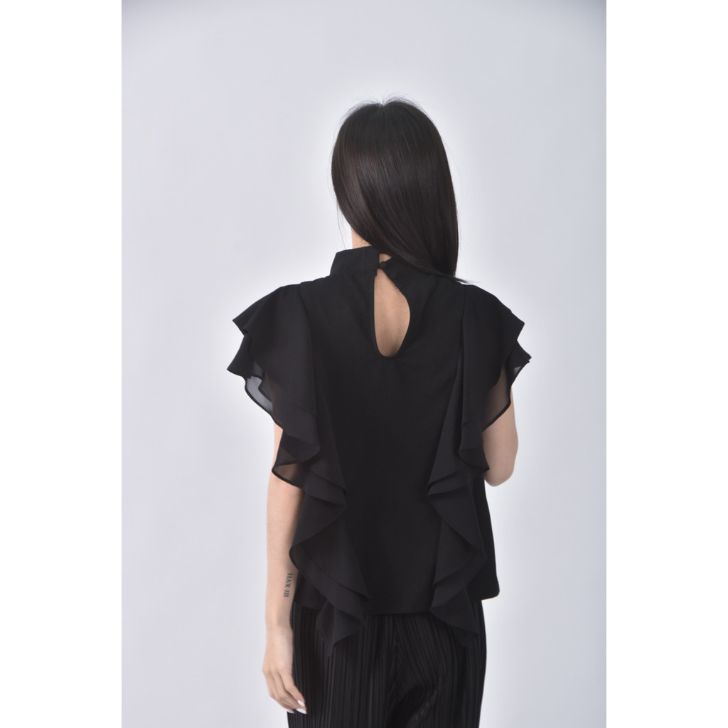 (M) le polka質感綁帶黑色短袖上衣二手衣, , large