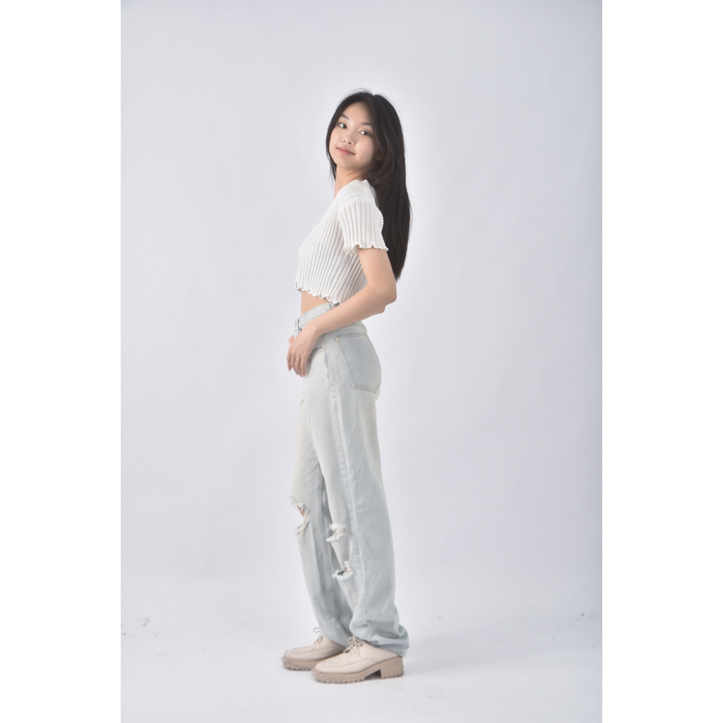 (Ｓ) 【里唯私服】jqu高腰丹寧牛仔刷破藍色長褲二手衣, , large