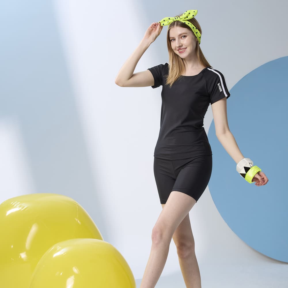 Monina Taiwan-made short-sleeved two-piece swimsuit with white piping on shoulders, black, , large