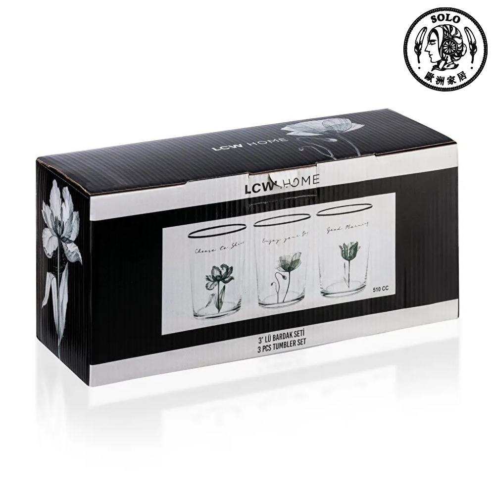 【SOLO歐洲家居】LCW Home 土耳其製 510ml 素描花卉 玻璃杯三入組 茶杯 水杯 果汁杯 禮物, , large