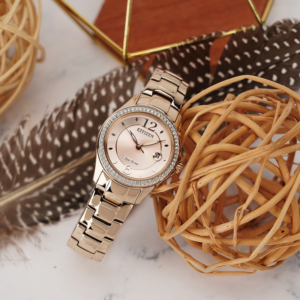 CITIZEN 星辰 光動能水晶奢華女錶-粉x金 FE1253-80X, , large