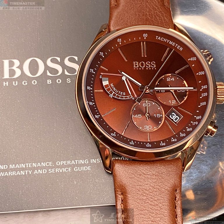 [星晴錶業]BOSS手錶,42mm,HB1513605古銅色錶面玫瑰金錶殼咖啡色真皮皮革錶帶款, , large