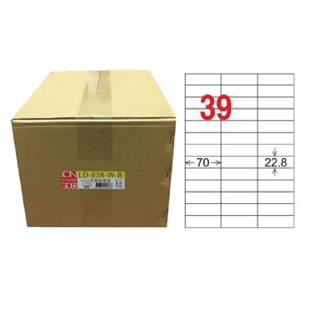 【龍德】LONGDER 三用電腦標籤 A4 39格 22.8*70mm白色1000張/箱 LD-838-W-B(適用雷射、噴墨、影印), , large