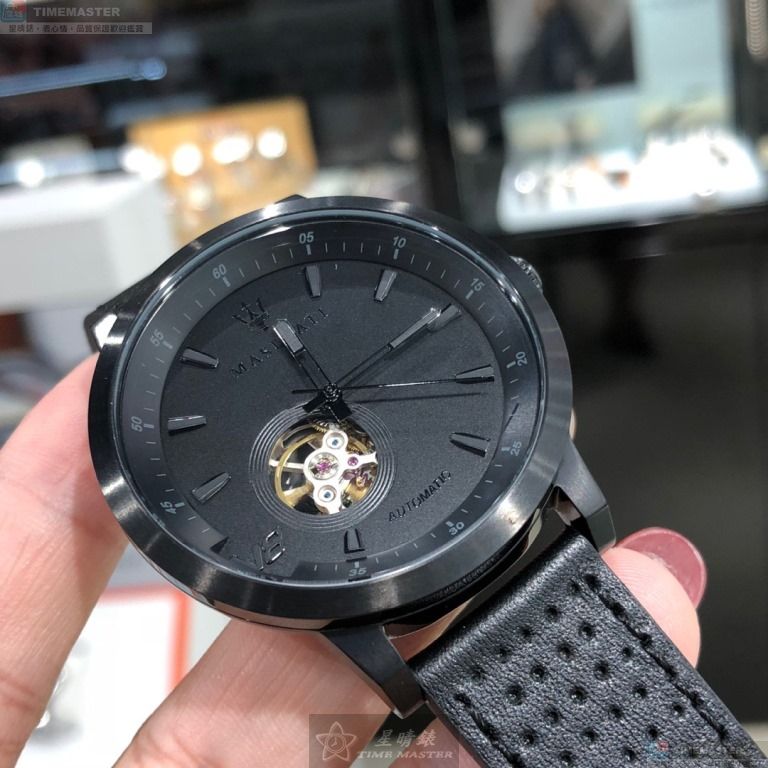 [星晴錶業]MASERATI手錶,44mm, 46mm,R8821134001黑雙面機械鏤空錶面黑錶殼深黑色真皮皮革錶帶款, , large