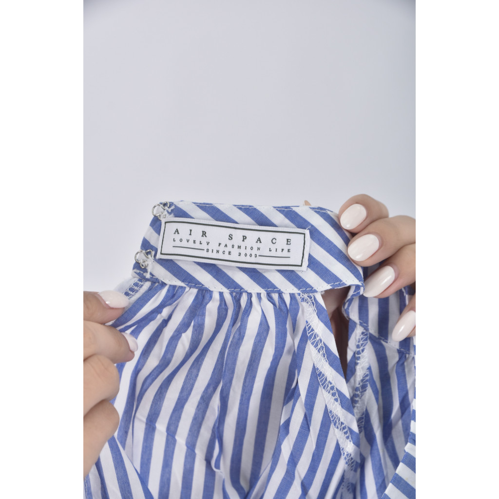 (L) air space質感削肩條紋藍色上衣二手衣, , large