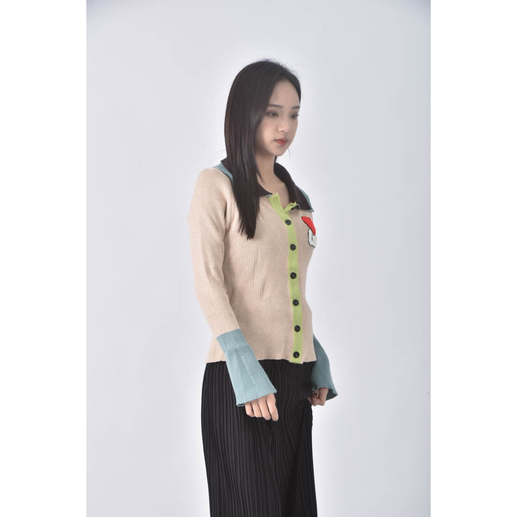 (S) 【董仔私服】羅紋圖案杏色長袖上衣二手衣, , large