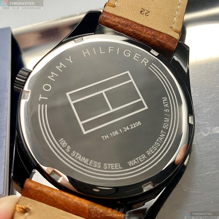 [星晴錶業]TommyHilfiger手錶,44mm,TH00033米黃色錶面黑錶殼咖啡色真皮皮革錶帶款, , large