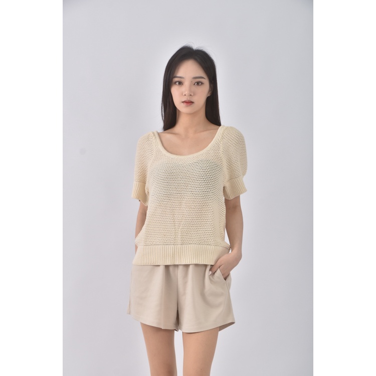 (S) supermelala質感修身短版棉質圓領杏色短袖上衣二手衣, , large