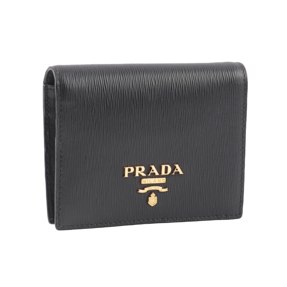 PRADA 浮雕Logo 水波紋皮革二折零錢袋短夾/黑色, , large