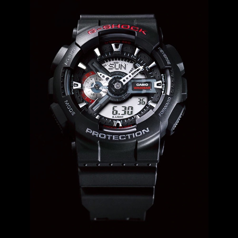 CASIO 卡西歐  G-SHOCK 經典紅黑重機雙顯手錶-55mm GA-110-1A, , large