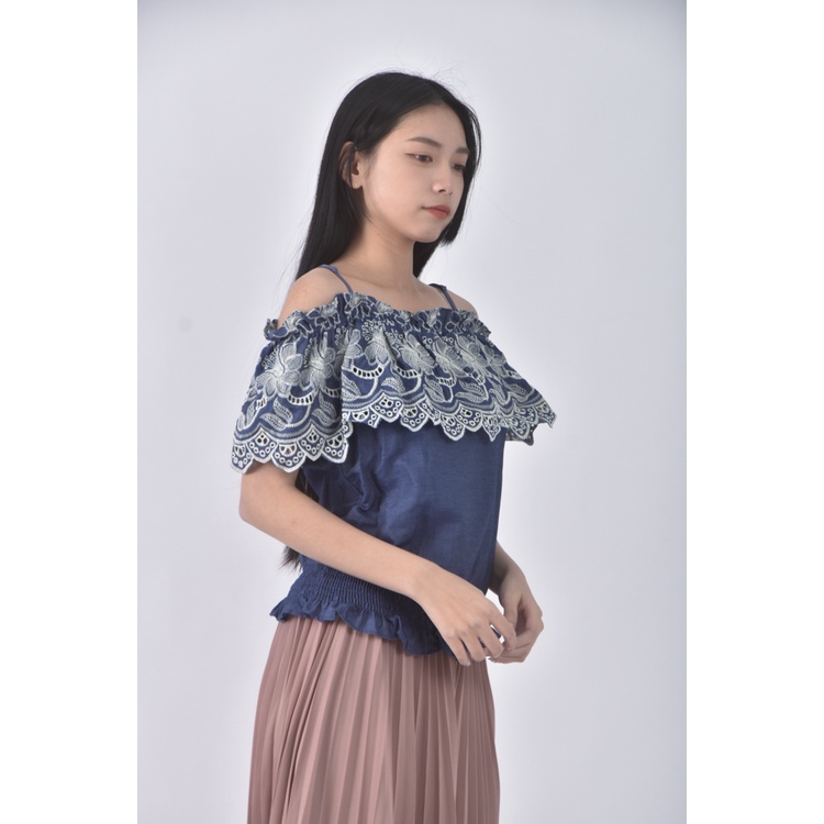 (S) moma質感吊帶花邊藍色上衣二手衣, , large