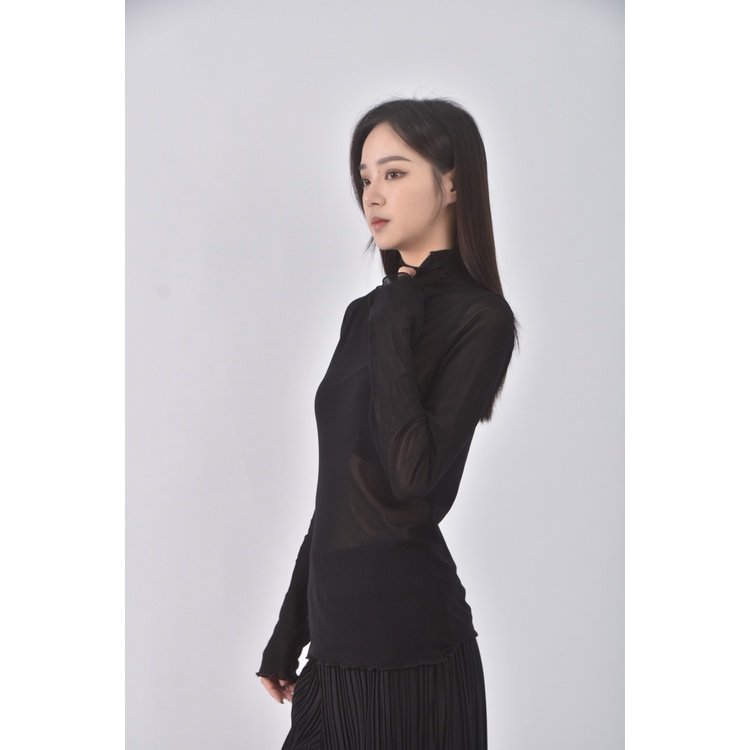 (S) 【智恩私服】質感紡紗木耳邊黑色長袖上衣二手衣, , large