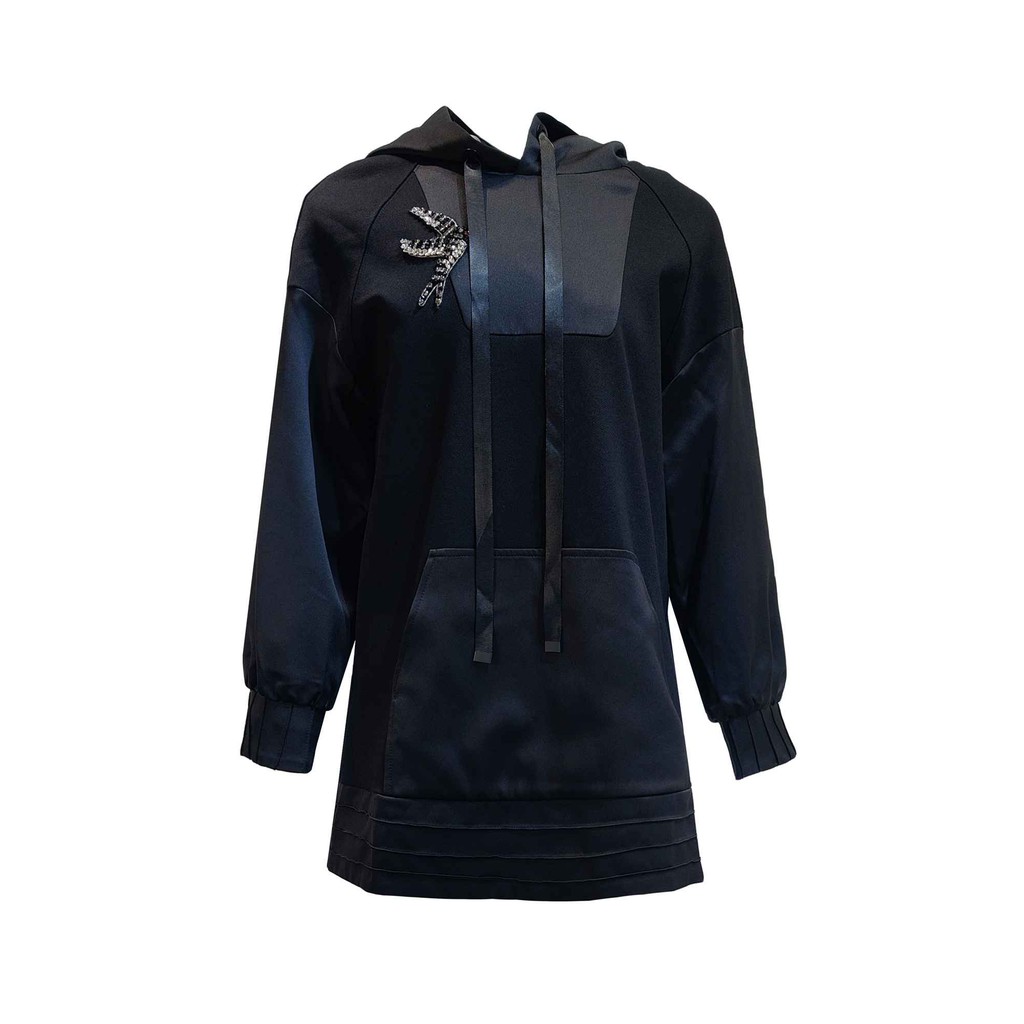 TOORDER黑色連帽雙材質拼接胸綴飾連帽上衣, , large