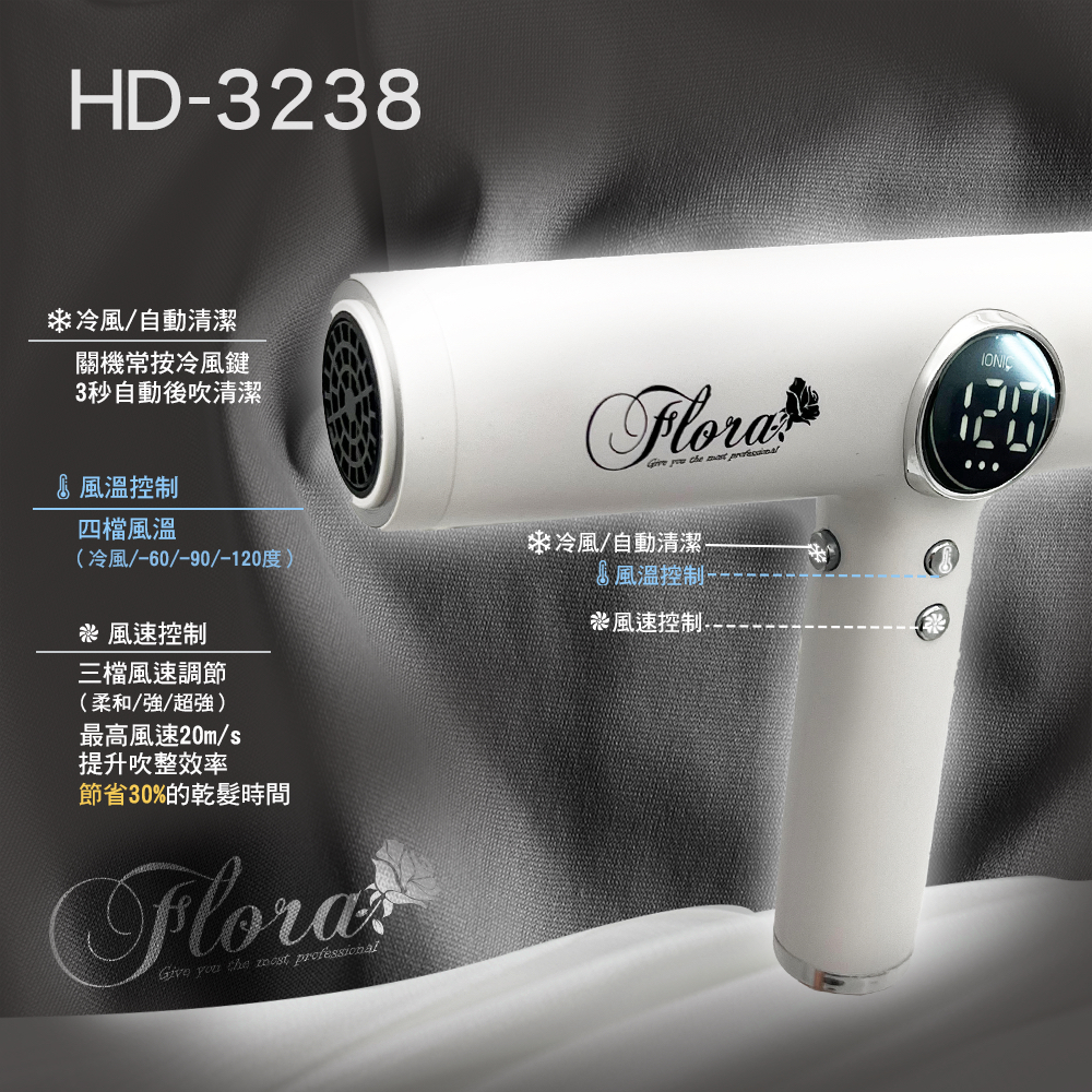 FLORA HD-3238無刷吹風機-低調灰, , large