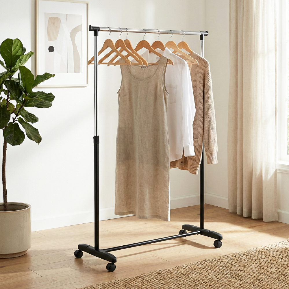 【KIWISH】單桿伸縮衣架(附輪) 曬衣架 吊衣架 衣桿架 衣物收納 晾衣架, , large