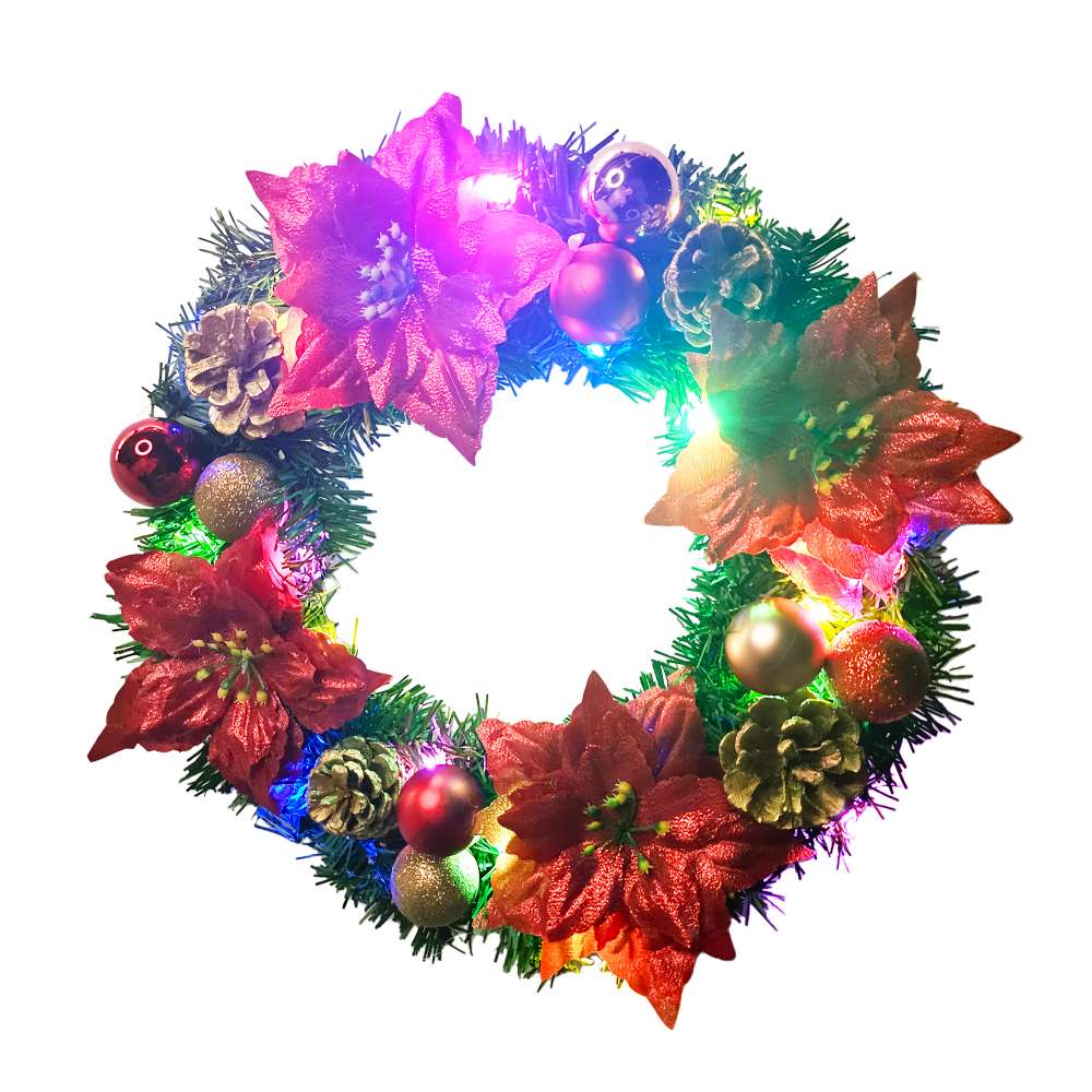 摩達客14吋浪漫朵朵聖誕花豪華綠色聖誕花圈福臨圈_紅金系+20燈LED彩光燈串_本島免運費, , large