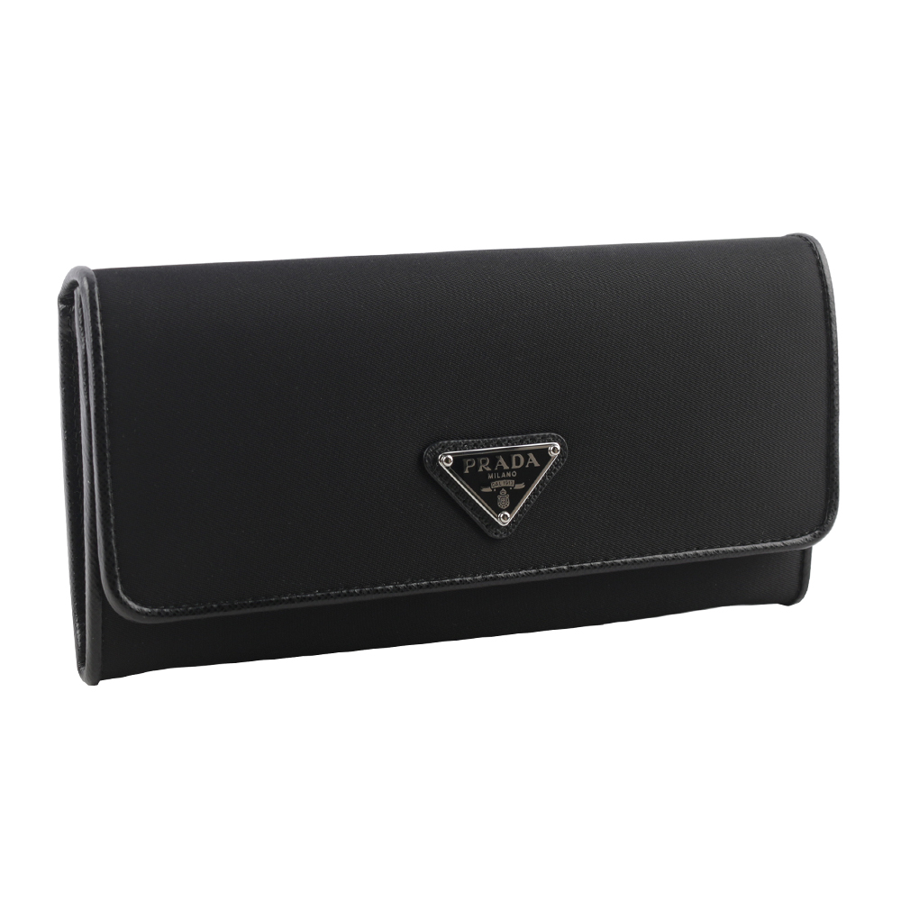 PRADA 銀字三角牌尼龍雙釦對開長夾/黑色, , large