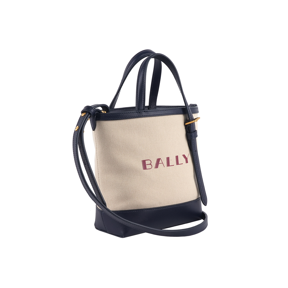 Bally 紅字燙印帆布及小牛皮迷你托特包/自然色/深孔雀綠, , large