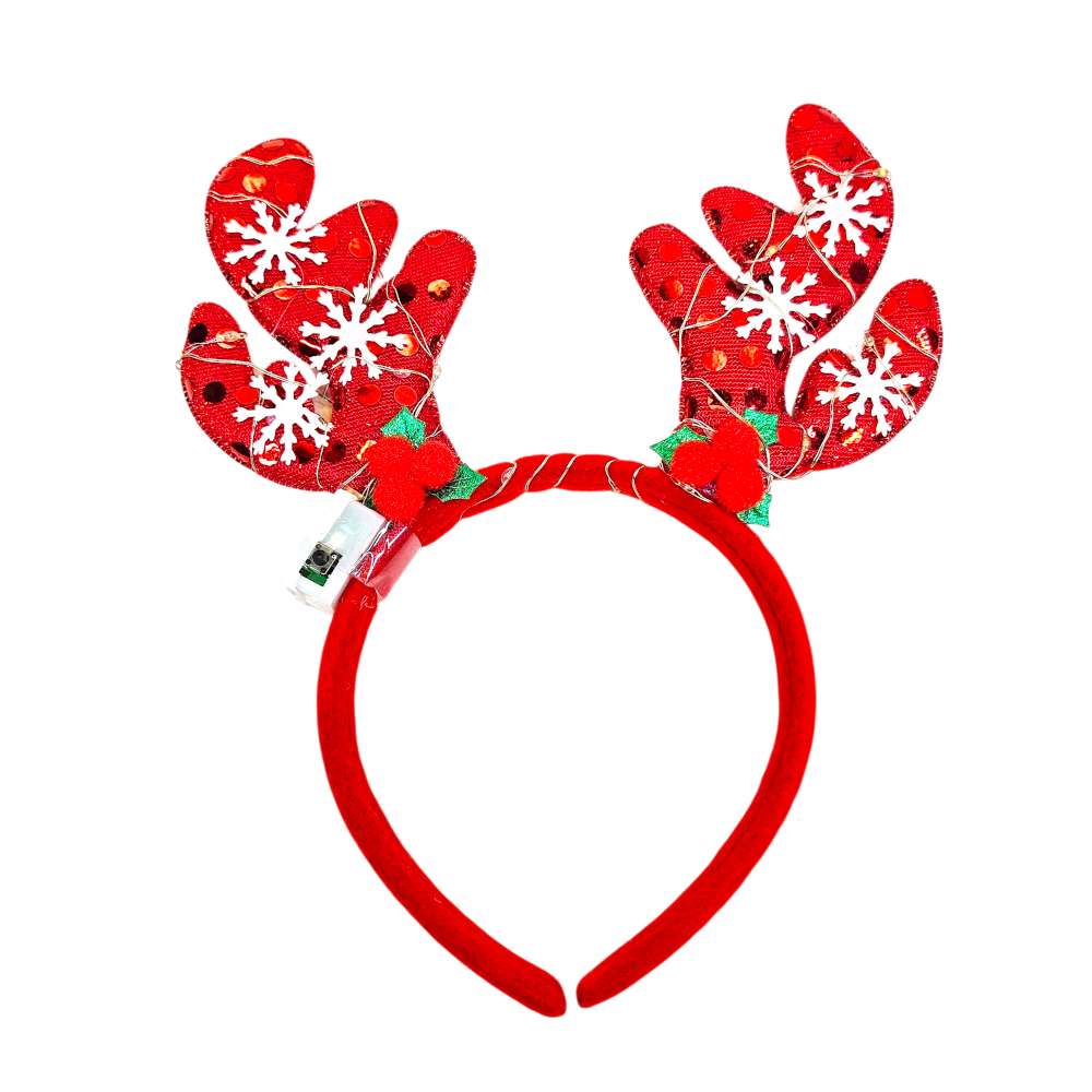 摩達客-聖誕雪花片鹿角髮箍紅色款+LED燈彩光-耶誕派對交換禮物, , large