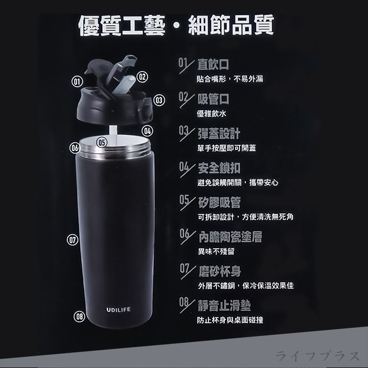 樂司/雙飲口不鏽鋼陶瓷保溫杯-600ml-武士黑-2入, , large