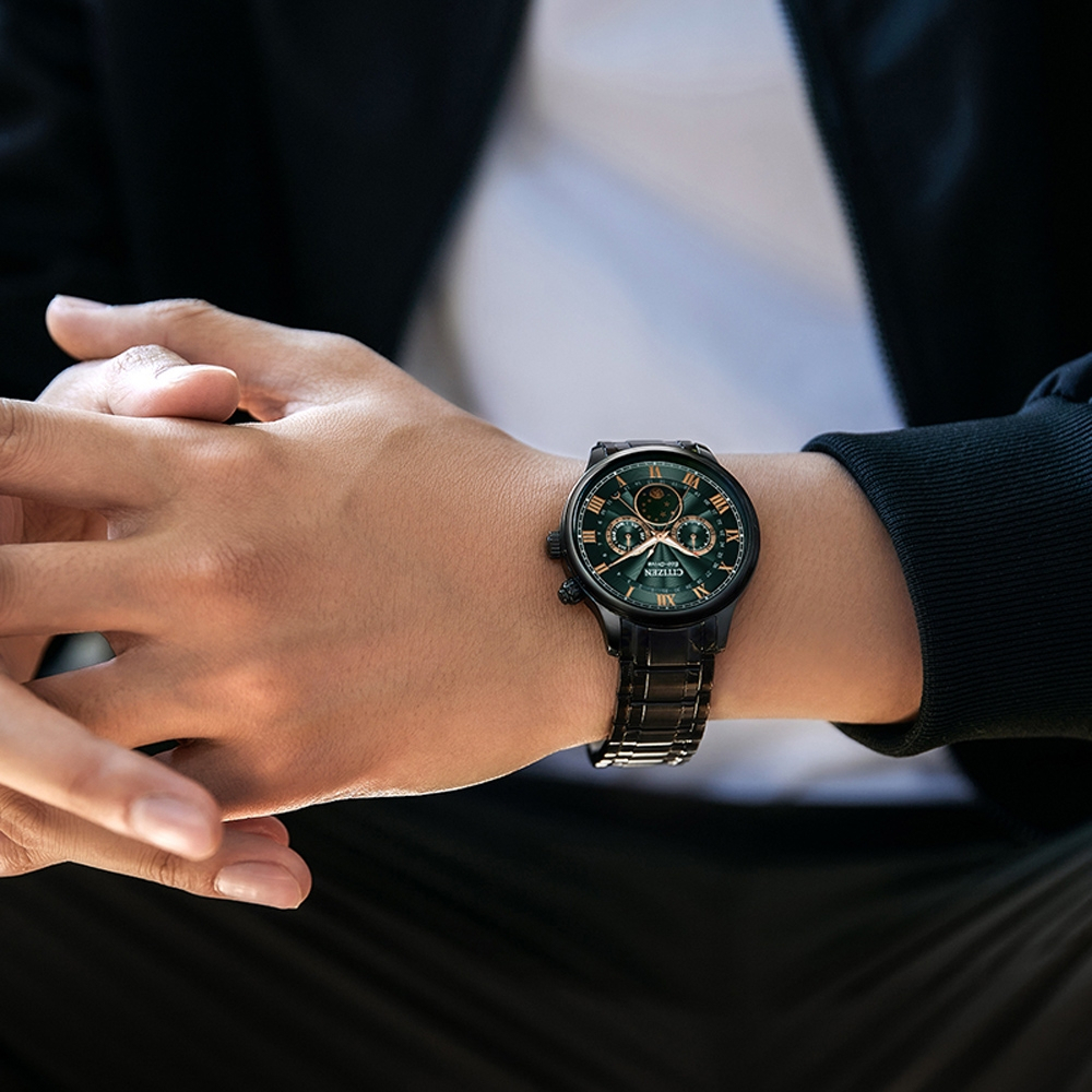 CITIZEN 星辰 亞洲限定 光動能紳男月相手錶 AP1055-87X, , large