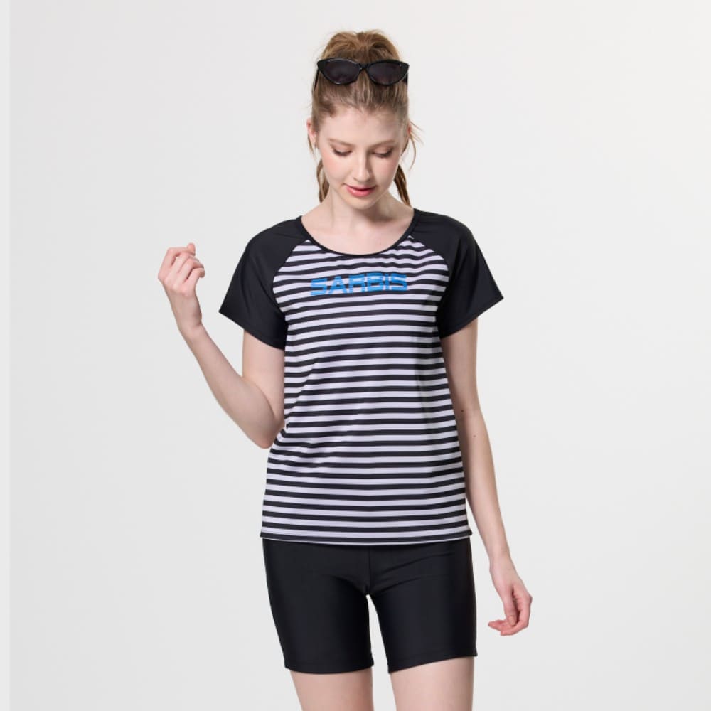 Monina Taiwan-made short-sleeved two-piece swimsuit Black and white staggered waist slimming black, , large